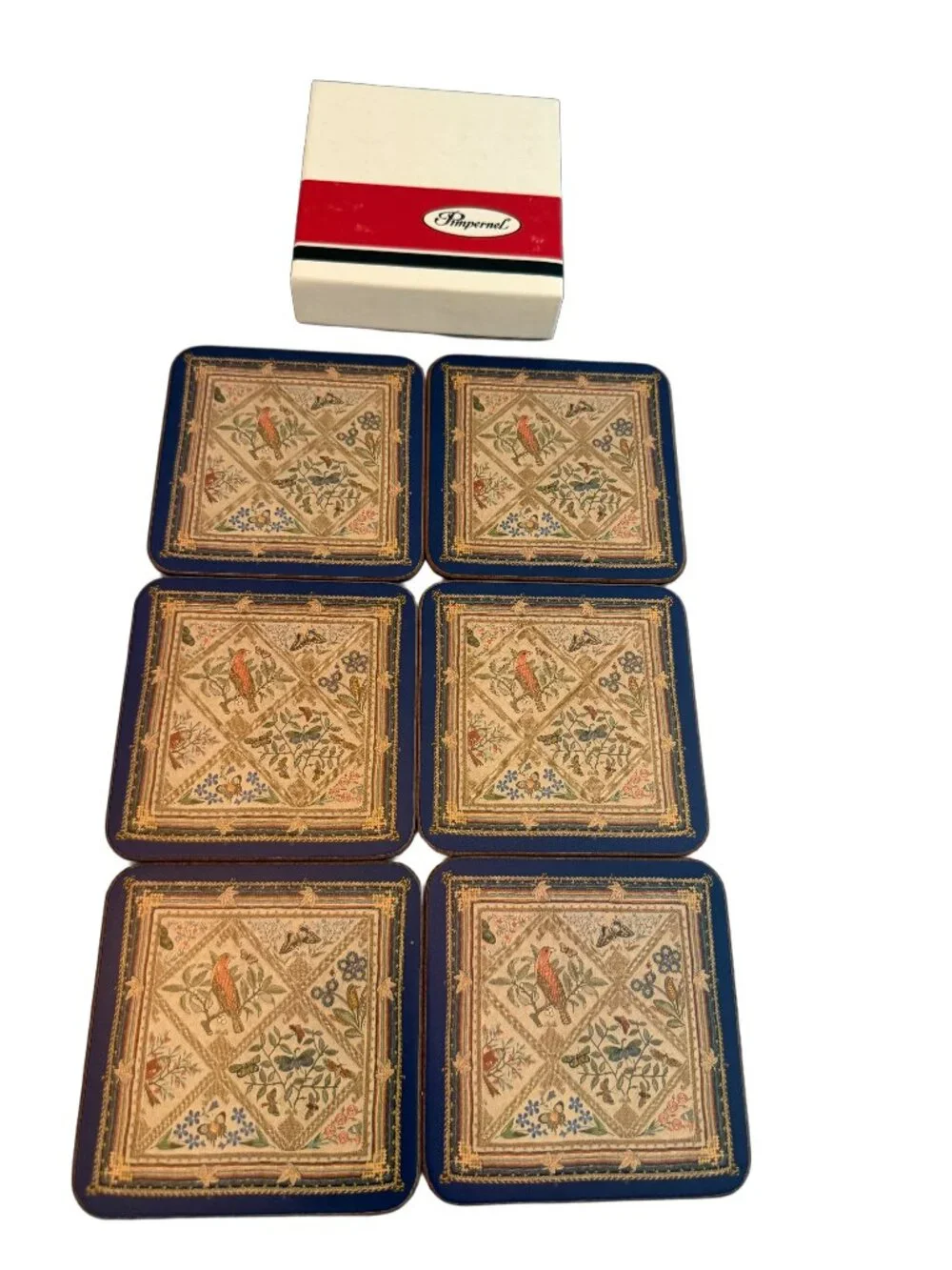 Pimentel Navy Gold Tapestry Bird Coasters Set of 6 Boxed Housewarming Women's